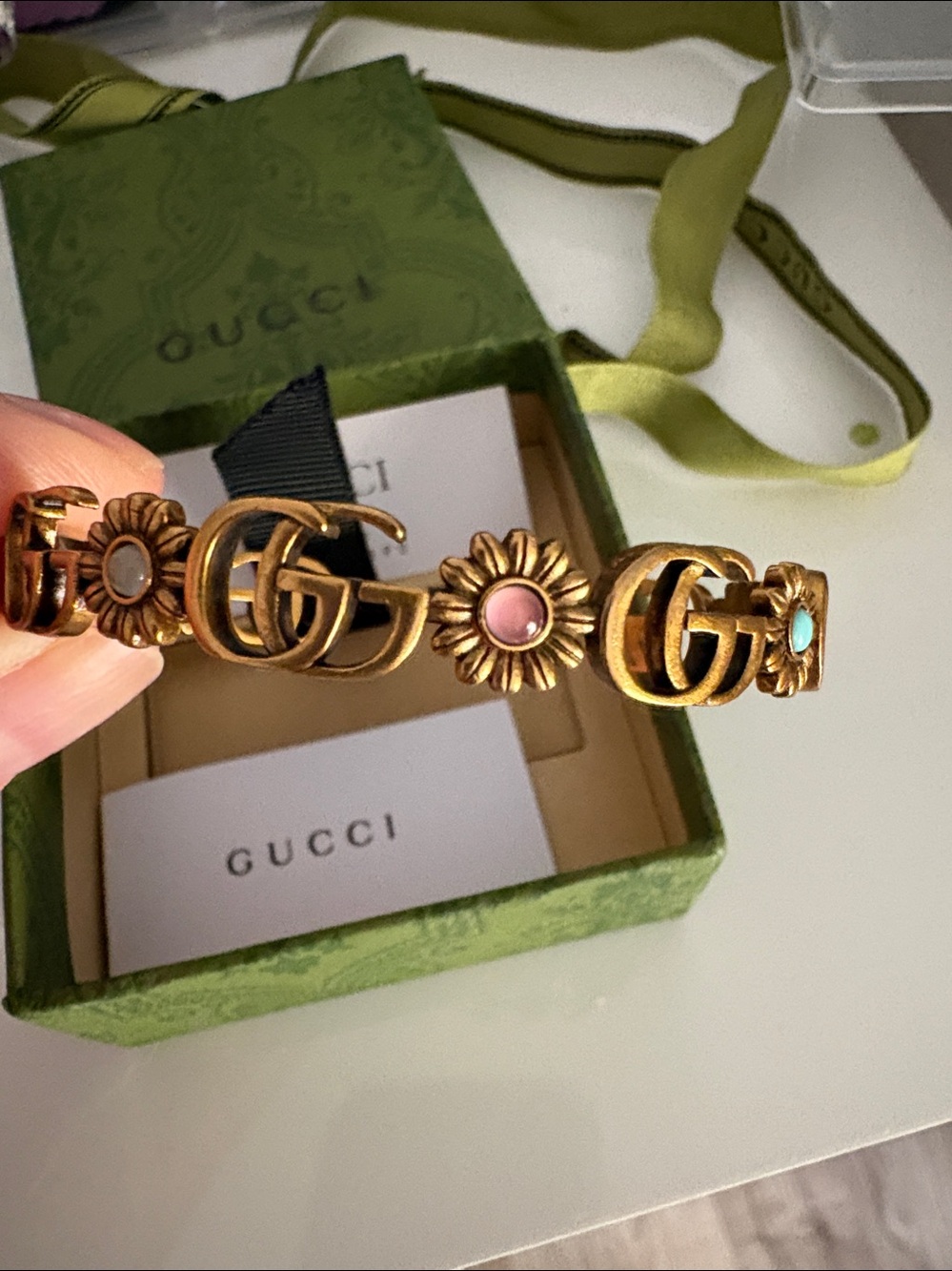 Gucci Old Gold Tone GG Daisy Bracelet with Pink and Turquoise Enamel Accents - Picture 2 of 9